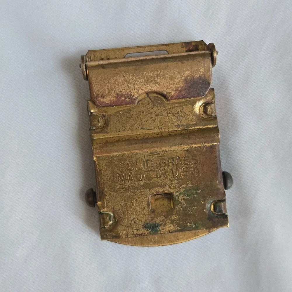 VTG Belt Buckle Gold Mens OS Solid‎ Brass Military Slider Made In USA Unbranded